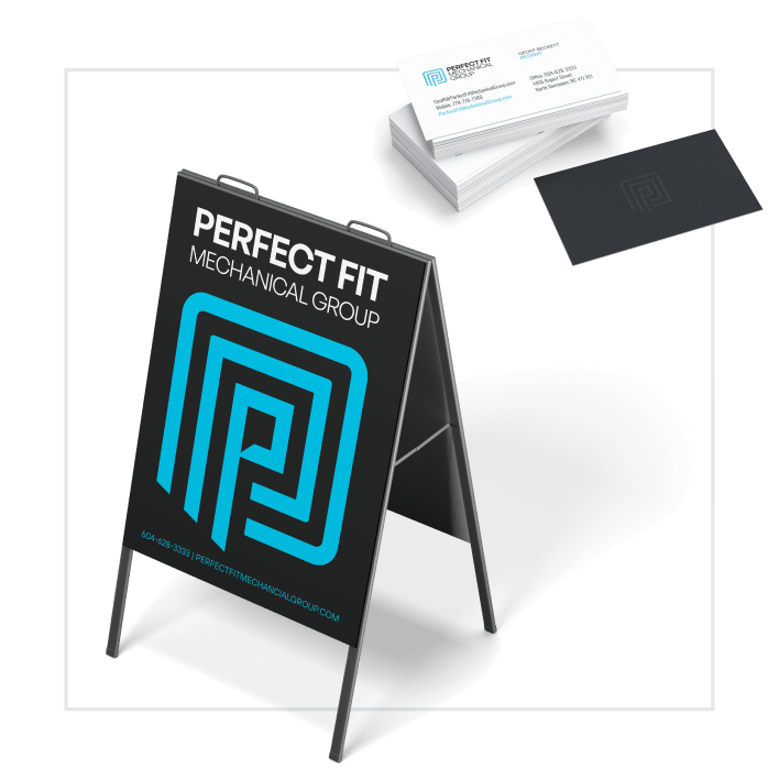 Perfect Fit Mechanical Group branding on an A-frame sign and business cards